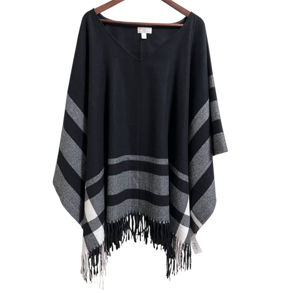 Belle by Kim Gravel Elegant Black and Gray Poncho Stripes Soft Flannel One Size